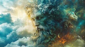 Mythical celestial deity surrounded by clouds and stars photo