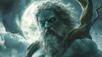 Mythical titan gaia with glowing eyes under a full moon photo