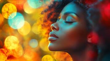 Peaceful african female with colorful bokeh background and closed eyes photo
