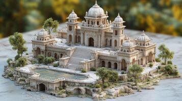 Ornate miniature palace model with domes and pool on stone platform photo
