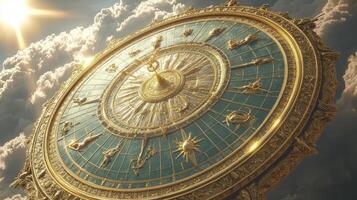 Ornate celestial zodiac clock against a cloudy sky with sunlight photo