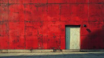 Red concrete wall with white door and shadow in urban setting photo