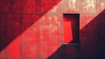 Red concrete wall with doorway and dramatic shadows in urban setting photo