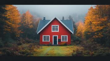 Red scandinavian house amidst autumn foliage in misty forest photo
