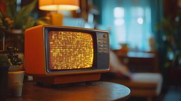Retro orange television in cozy living room with static screen photo