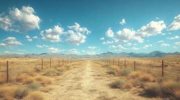Scenic desert pathway leading to mountains under a cloudy blue sky photo