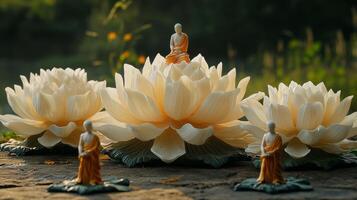 Serene buddhist figures meditating on blooming lotus flowers in tranquil garden photo