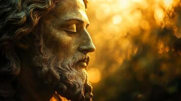 Serene bronze statue of bearded male figure with golden light glow photo