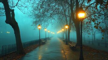 Serene foggy park path lined with glowing lanterns and autumn trees photo