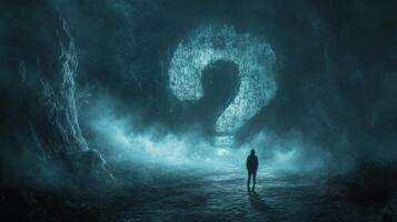 Silhouette of person facing giant glowing question mark in mysterious foggy landscape photo