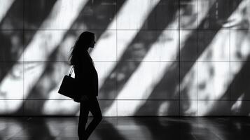Silhouette of young asian female with handbag against geometric shadowed wall photo