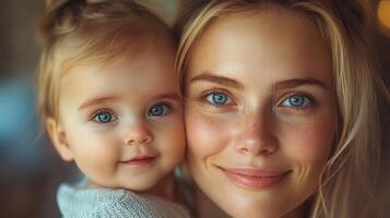Smiling caucasian female adult and child with blue eyes express joy and warmth photo
