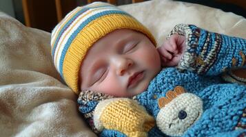 Sleeping caucasian baby in colorful knit hat and sweater photo