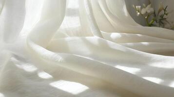 Soft white curtains with gentle sunlight and flowers in a calm interior scene photo