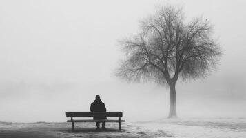 Solitary figure on bench in winter fog surrounded by bare tree and snowy landscape photo