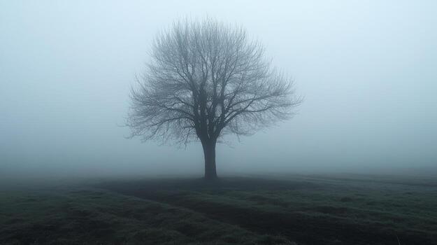 Solitary tree in foggy landscape capturing the essence of tranquility and mystery photo