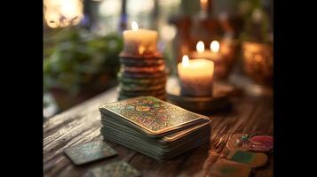 Stack of tarot cards on wooden table with lit candles in cozy ambiance photo