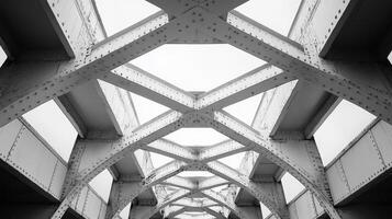 Symmetrical steel bridge structure with geometric patterns in monochrome photo