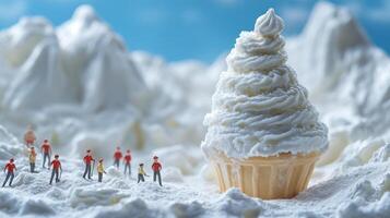 Tiny figures exploring whipped cream mountain landscape with giant cupcake photo