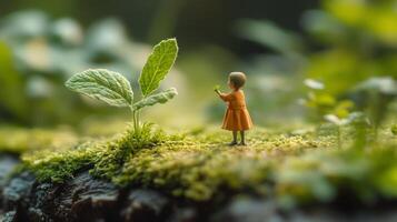 Tiny girl exploring a lush green landscape with giant leaves photo