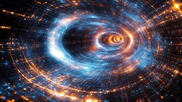 Vibrant blue and orange light tunnel with glowing particles and futuristic depth photo