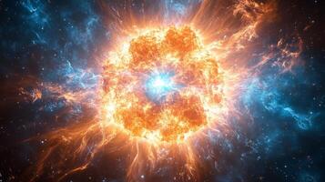 Vibrant cosmic explosion with fiery orange and blue nebula in space photo