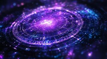 Vibrant cosmic starfield with abstract celestial patterns in purple and blue light photo