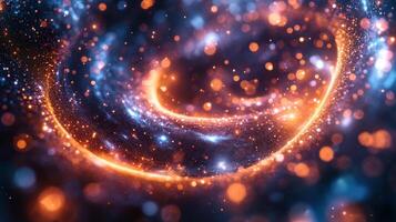 Vibrant cosmic swirl of glowing orange and blue particles in motion photo