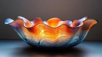 Vibrant handcrafted glass bowl with multicolor waves and warm lighting effect photo