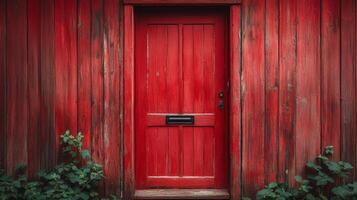 Vibrant red wooden door with green foliage on rustic building photo