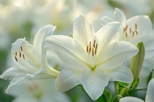 White lilies in bloom with dew drops in serene garden setting photo