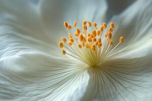 White hibiscus flower close-up with yellow stamen on soft background photo