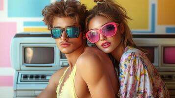 Young caucasian couple in retro sunglasses and fashion against colorful background photo