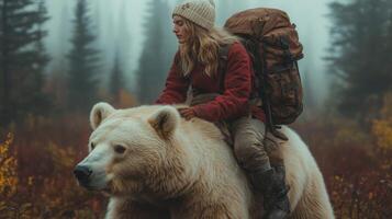 Young caucasian female adventurer riding bear in misty forest photo