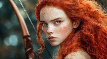 Young caucasian female archer with red hair in forest setting photo