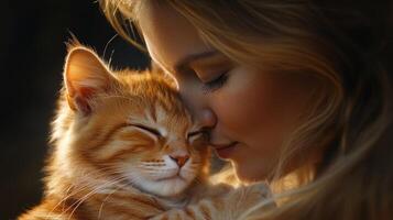 Young caucasian female embracing ginger cat in warm lighting and peaceful harmony photo