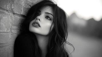 Young caucasian female with long dark hair leaning against brick wall in black and white portrait photo