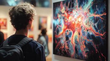 Young caucasian male viewing abstract art in gallery with backpack photo