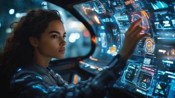 Young hispanic female navigates futuristic digital interface in technology hub photo