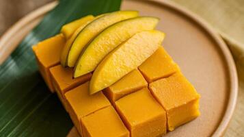 Mango cubes on a plate with a slice of mango photo