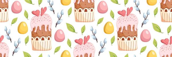 Easter seamless Pattern. Willow and festive cake. Colored eggs. Festive spring backgrounds. flat illustration vector