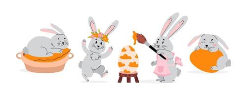 Set of cute Easter bunnies in doodle style. Hand-drawn collection character in various poses. Rabbit paints Easter eggs, sleeps, runs, plays. illustration. vector