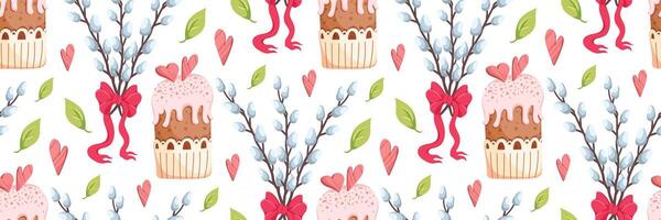 Happy Easter seamless pattern with blooming willow branches and colored eggs. Traditional religious elements. Spring festive background for invitations. flat illustration. vector