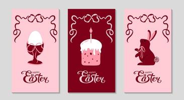 Trendy minimalistic Easter cards set. Ribbon bow, egg on cap, festive cake and rabbit. Greeting vertical background for Social media. illustration in coquette style vector