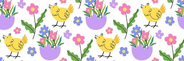Easter seamless pattern with cute yellow chick. Funny character and broken shell egg. Horizontal spring floral background. flat illustration. vector