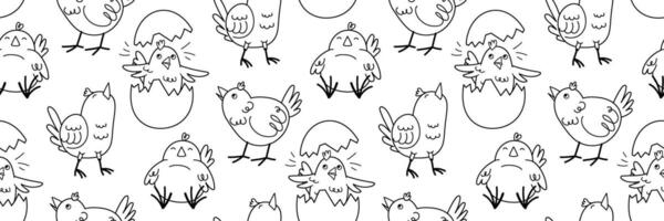 Cute Easter doodle pattern with funny yellow chick in various poses. Funny character in broken egg. Horizontal spring background. outline illustration. vector