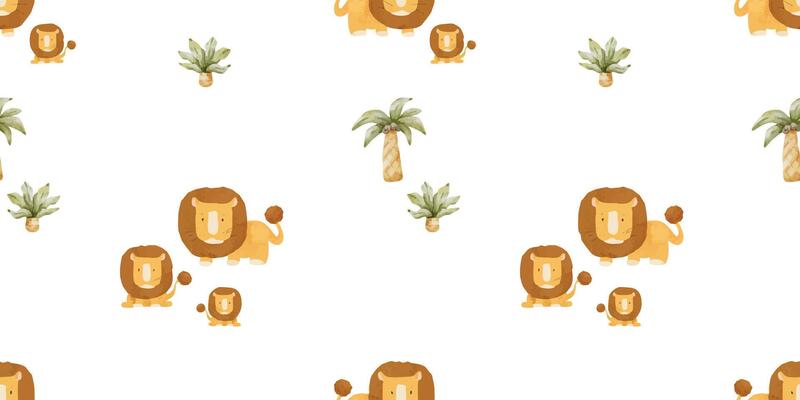 African lion family and palm trees. Kids watercolor seamless surface pattern design of cute savannah animals. Childish jungle background. Safari Print for wrapping paper, bed linen, clothes