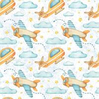 Toy helicopter and airplanes with propeller, arrow, cloud, star. Watercolor seamless surface pattern design on blue background. Print of aircraft for baby goods design, textile, wallpaper, bed linen vector