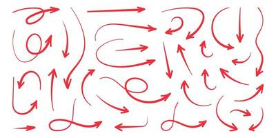 Squiggly red arrow set. Chalk elements in flat style. Doodle movement spiral arrows, lines, scribble. Pencil brush for icon, children sketch. Hand drawn illustration on white background. vector