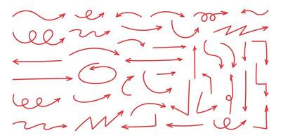 Squiggly red arrow set. Hand drawn chalk elements in flat style. Doodle movement spiral arrows, lines, scribble. Pencil brush for icon, children sketch. illustration on white background. vector